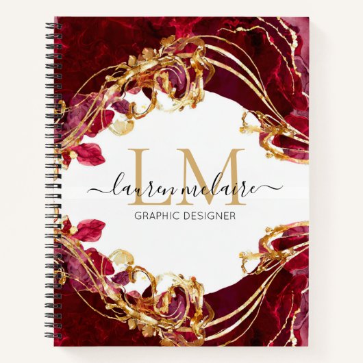 Cherry Red & Gold Monogram Name Script Notebook Notitieboek (Voorkant)