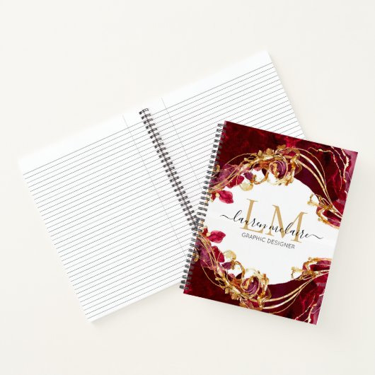 Cherry Red & Gold Monogram Name Script Notebook Notitieboek (Binnen)