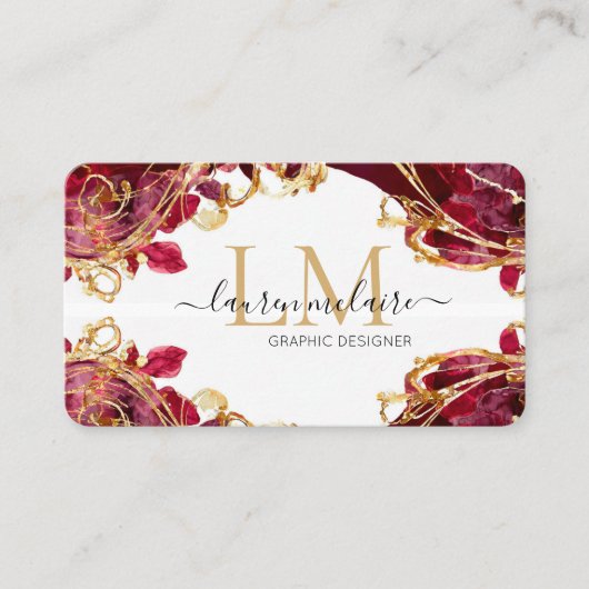 Cherry Red & Gold Monogram Script Visitekaartje (Voorkant)