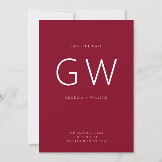 Cherry Red Minimal Typography Monogram Save The Date (Voorkant)