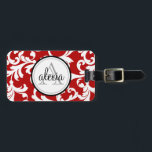 Cherry Red Monogrammed Damask Print Bagagelabel<br><div class="desc">Cherry Red Monogrammed Damask Print</div>