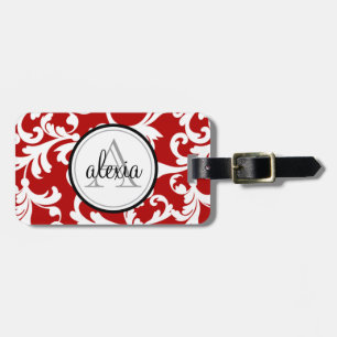 Cherry Red Monogrammed Damask Print Bagagelabel