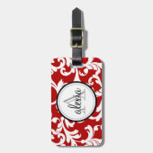 Cherry Red Monogrammed Damask Print Bagagelabel (Voorkant verticaal)