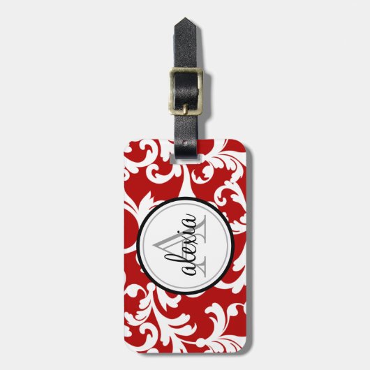 Cherry Red Monogrammed Damask Print Bagagelabel (Voorkant verticaal)