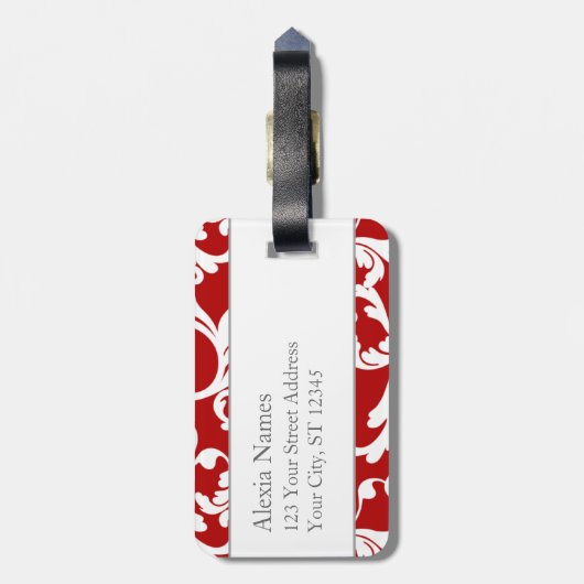 Cherry Red Monogrammed Damask Print Bagagelabel (Achterkant verticaal)