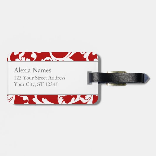 Cherry Red Monogrammed Damask Print Bagagelabel (Achterkant horizontaal)