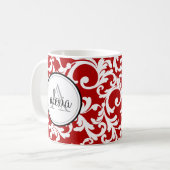 Cherry Red Monogrammed Damask Print Koffiemok (Voorkant links)