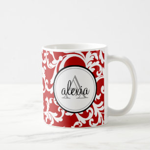 Cherry Red Monogrammed Damask Print Koffiemok