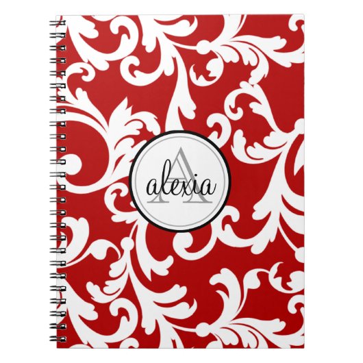 Cherry Red Monogrammed Damask Print Notitieboek (Voorkant)