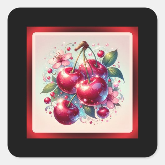 Cherry Red Schattige Cherries Bloemen Girly Pink Vierkante Sticker (Voorkant)