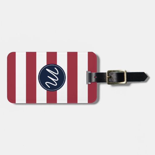 Cherry Red Stripe met Navy Blue Monogram Bagagelabel (Voorkant horizontaal)