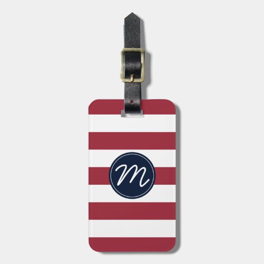 Cherry Red Stripe met Navy Blue Monogram Bagagelabel (Voorkant verticaal)