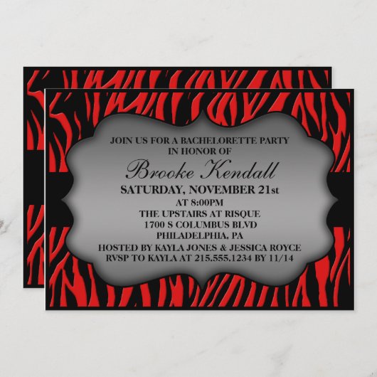 Cherry Red Wild Night Zebra Bachelorette Party Kaart (Voorkant / Achterkant)