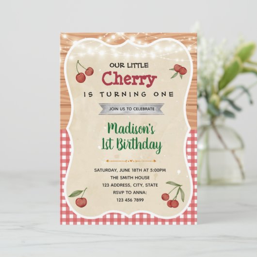 Cherry shower verjaardagsfeestje uitnodiging (Staand voorkant)