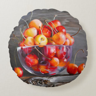 Cherry Still Life in Glass Stretched Canvas Print Rond Kussen