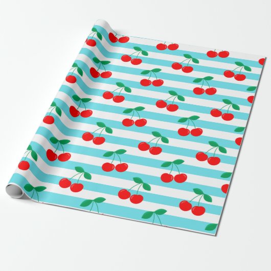 Cherry Stripe Pattern – Retro Fruit Gift & Decor Cadeaupapier (Uitgerold)