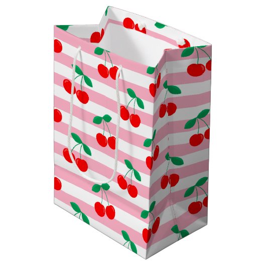 Cherry Stripe Pattern – Retro Fruit Gift & Decor Medium Cadeauzakje (Voorkant Gekanteld)
