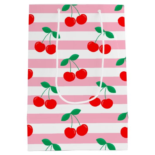 Cherry Stripe Pattern – Retro Fruit Gift & Decor Medium Cadeauzakje (Achterkant)