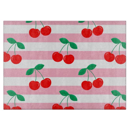 Cherry Stripe Pattern – Retro Fruit Gift & Decor Snijplank (Voorkant)