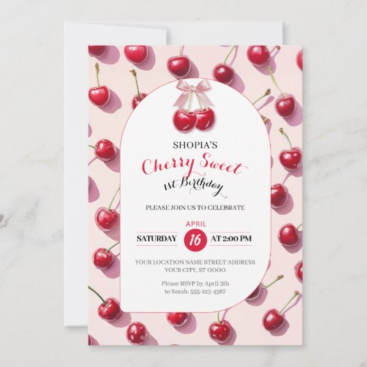 Cherry Sweet 1e verjaardag uitnodiging (Voorkant)