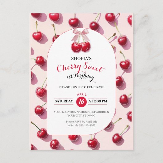 Cherry Sweet 1e verjaardagsuitnodiging Briefkaart (Voorkant)