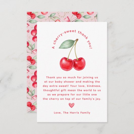 Cherry Sweet Baby shower Bedankt Card (Voorkant / Achterkant)