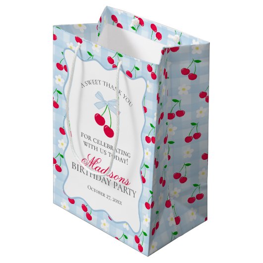 Cherry Sweet Blue Coquette Boog Verjaardagsgunsten Medium Cadeauzakje (Voorkant Gekanteld)