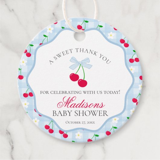 Cherry Sweet Blue Coquette Bow Baby shower Circle Bedankjes Labels (Voorkant)