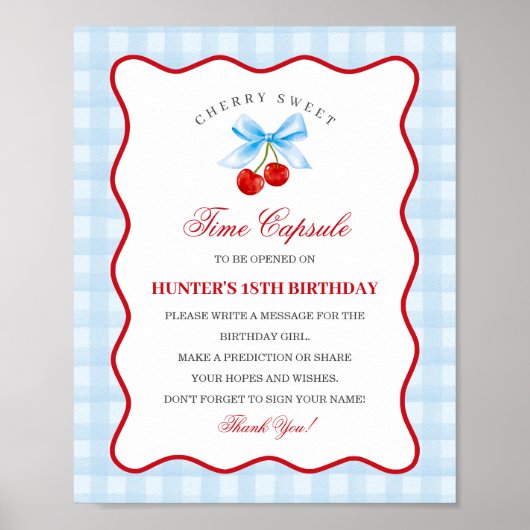 Cherry Sweet Blue Coquette Bow Gingha Time Capsule Poster (Voorkant)
