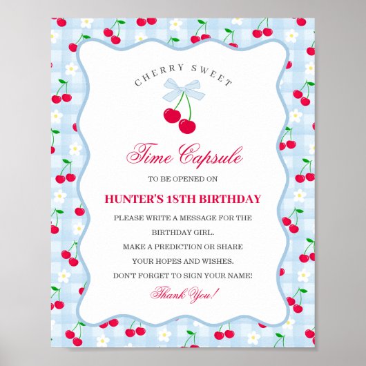 Cherry Sweet Blue Coquette Bow Gingha Time Capsule Poster (Voorkant)