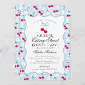 Cherry Sweet Blue Coquette Bow Gingham Baby shower Kaart (Voorkant / Achterkant)