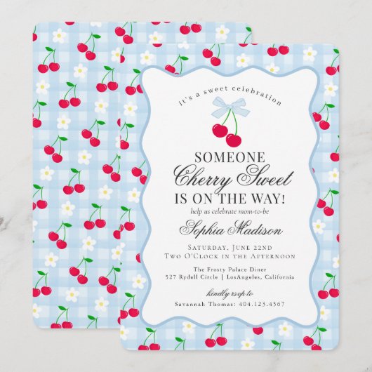 Cherry Sweet Blue Coquette Bow Gingham Baby shower Kaart (Voorkant / Achterkant)