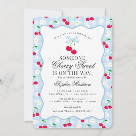 Cherry Sweet Blue Coquette Bow Gingham Baby shower Kaart