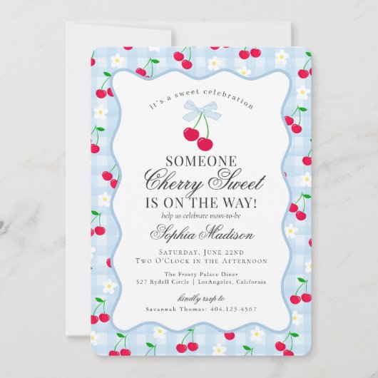 Cherry Sweet Blue Coquette Bow Gingham Baby shower Kaart (Voorkant)