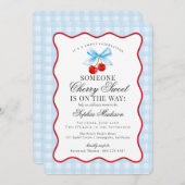 Cherry Sweet Blue Coquette Bow Gingham Baby shower Kaart (Voorkant / Achterkant)