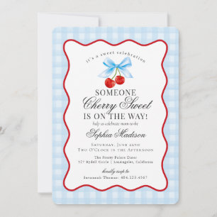 Cherry Sweet Blue Coquette Bow Gingham Baby shower Kaart