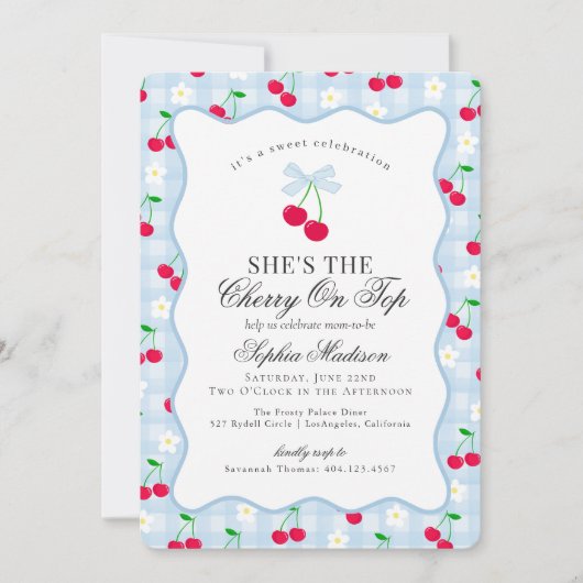 Cherry Sweet Blue Coquette Bow Gingham Baby shower Kaart (Voorkant)