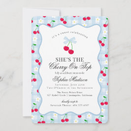 Cherry Sweet Blue Coquette Bow Gingham Baby shower Kaart