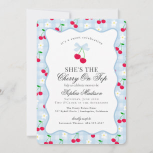 Cherry Sweet Blue Coquette Bow Gingham Baby shower Kaart