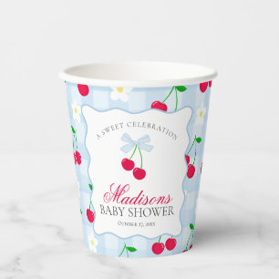 Cherry Sweet Blue Coquette Bow Gingham Baby shower Papieren Bekers