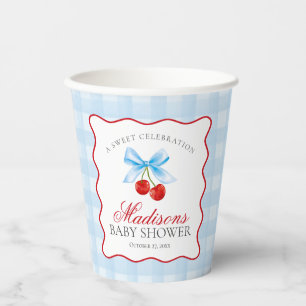Cherry Sweet Blue Coquette Bow Gingham Baby shower Papieren Bekers
