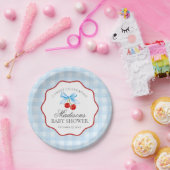 Cherry Sweet Blue Coquette Bow Gingham Baby shower Papieren Bordje (Feest)