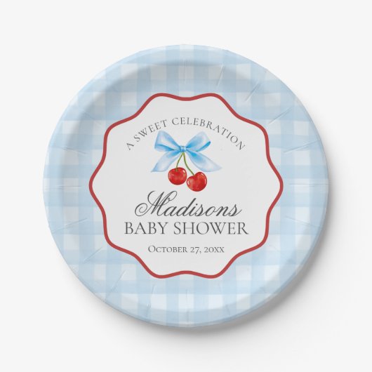 Cherry Sweet Blue Coquette Bow Gingham Baby shower Papieren Bordje (Voorkant)