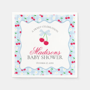 Cherry Sweet Blue Coquette Bow Gingham Baby shower Servet