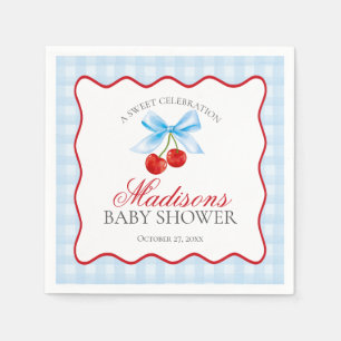 Cherry Sweet Blue Coquette Bow Gingham Baby shower Servet