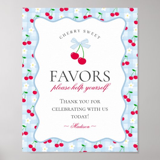 Cherry Sweet Blue Coquette Bow Gingham Favorieten  Poster (Voorkant)