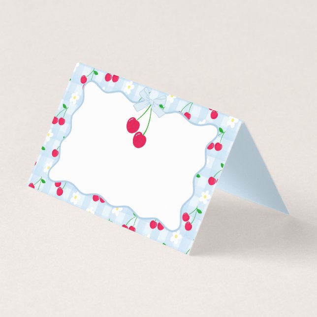 Cherry Sweet Blue Coquette Bow Gingham Place Card Kaart (Voorkant)