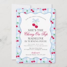 Cherry Sweet Blue Coquette Bow Gingham Verjaardag Kaart