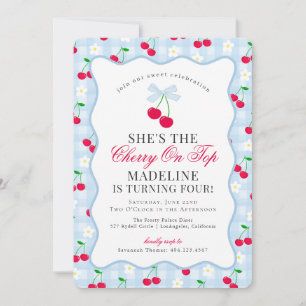 Cherry Sweet Blue Coquette Bow Gingham Verjaardag Kaart