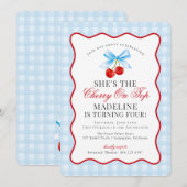 Cherry Sweet Blue Coquette Bow Gingham Verjaardag Kaart (Voorkant / Achterkant)